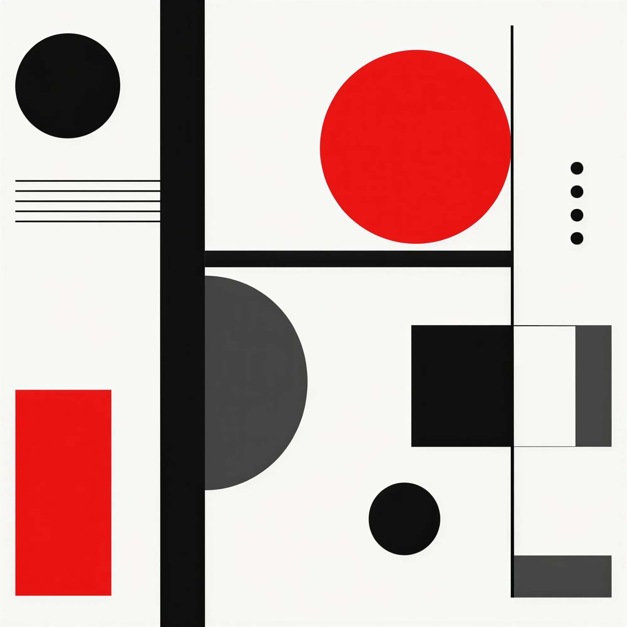Abstract composition of black, grey and red circles and rectangles divided by black rules